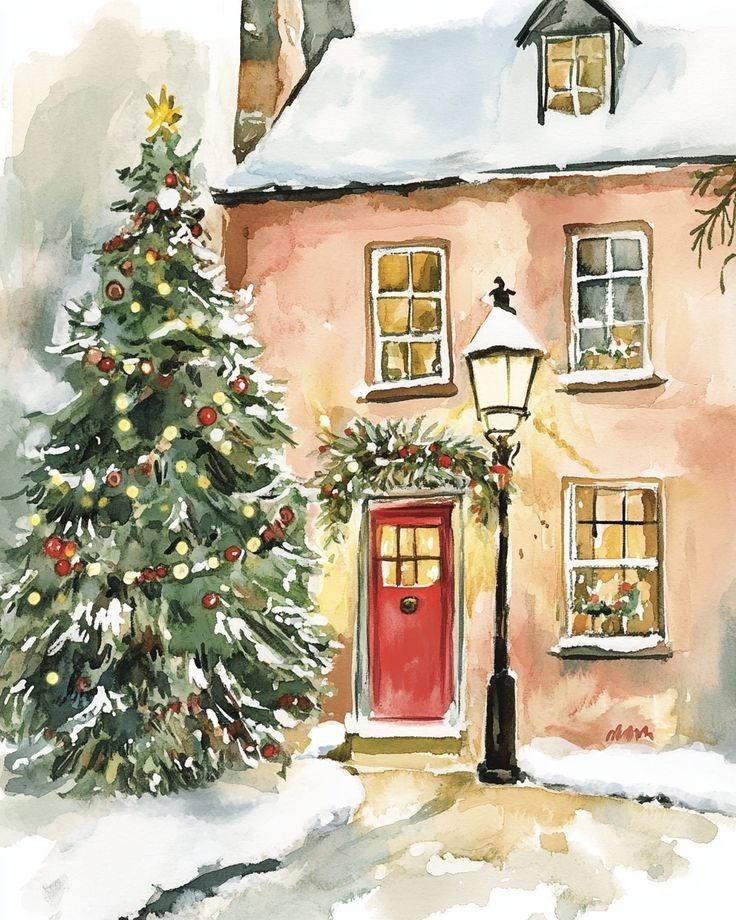 Cozy Christmas scene with a snowy house, red door, and decorated tree. Warm glow from windows and street lamp enhance the festive atmosphere.
