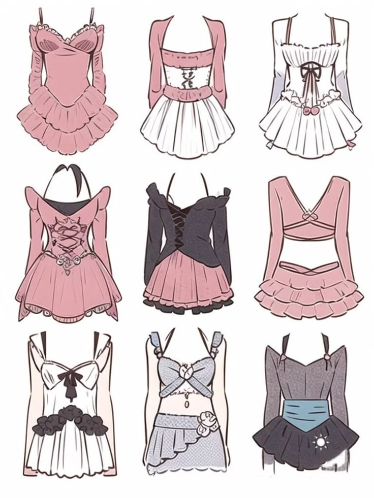 95b1bb3c-b827-48a5-81aa-3d22a60272bf Illustration of nine stylish, pink and black dresses with unique details, featuring bows, lace, and ruffles in a grid layout. | Sky Rye Design Illustration of nine stylish, pink and black dresses with unique details, featuring bows, lace, and ruffles in a grid layout.