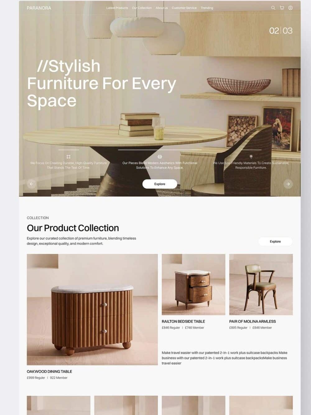 Modern furniture website showcasing stylish tables and chairs, blending aesthetics with functionality for diverse spaces.