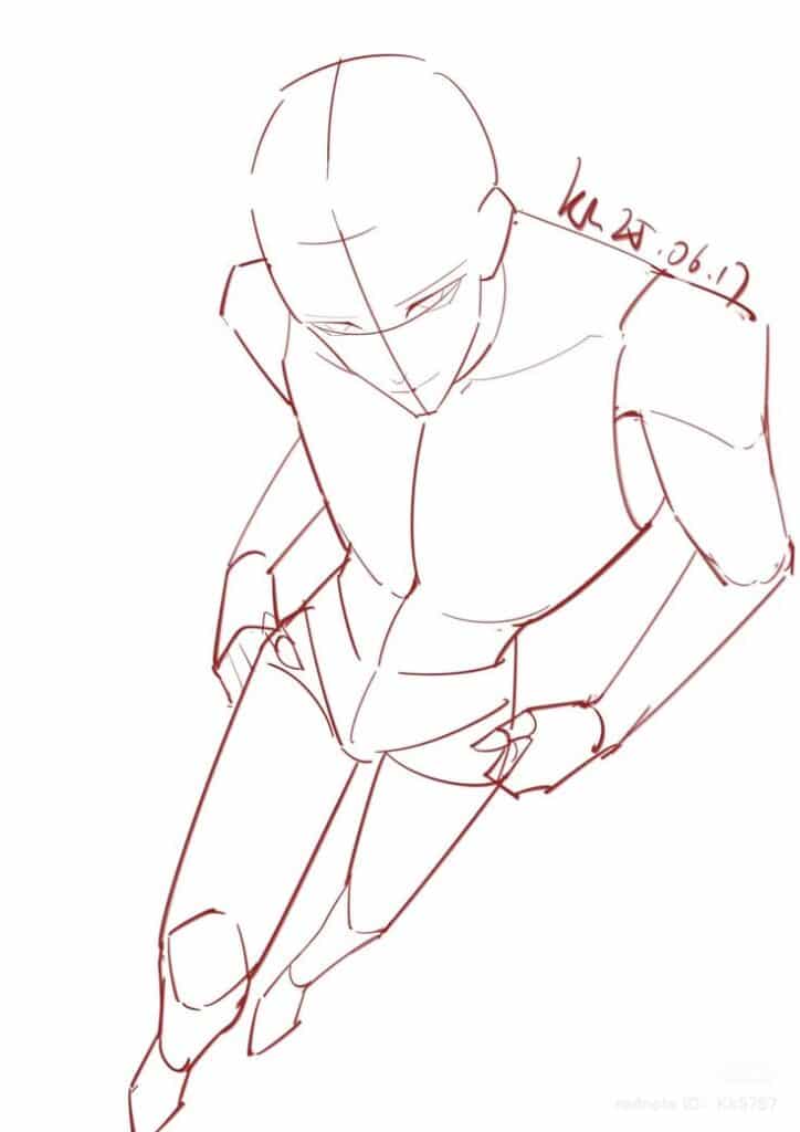 Sketch of a humanoid figure in motion, drawn with red lines, showcasing dynamic anatomy and pose.