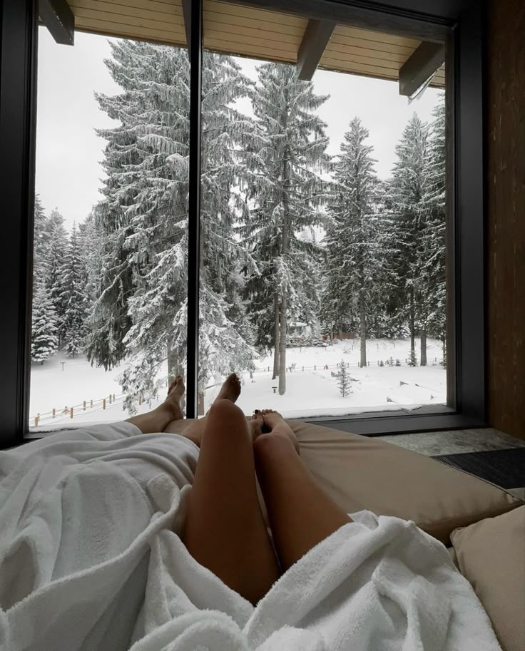 Cozy winter view from a cabin bed, snowy forest outside large window, person relaxing indoors wrapped in blanket, enjoying serene nature.