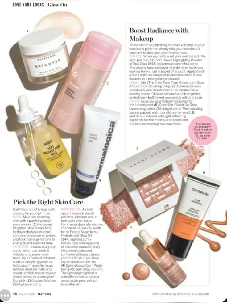 Assorted skincare and makeup products with descriptions focusing on radiance, glow, and hydration, including creams, serums, and powders.