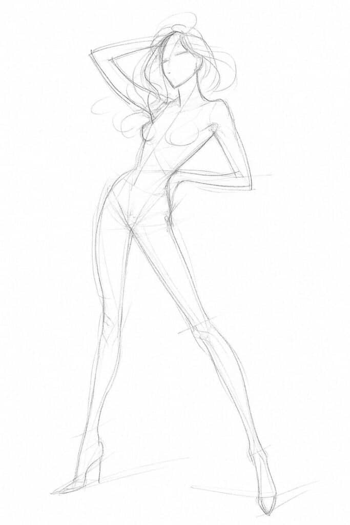 Sketch of a standing female figure in a dynamic pose, with long hair and heels. Art emphasizes contours and form.