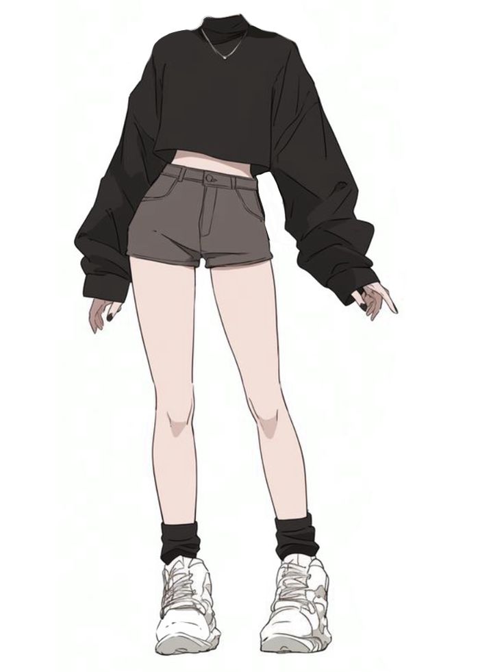 97d17cc3-37f8-4c10-8931-b31b2531019d Anime character in black oversized sweater and shorts with chunky sneakers, showcasing a trendy streetwear fashion style. | Sky Rye Design Anime character in black oversized sweater and shorts with chunky sneakers, showcasing a trendy streetwear fashion style.
