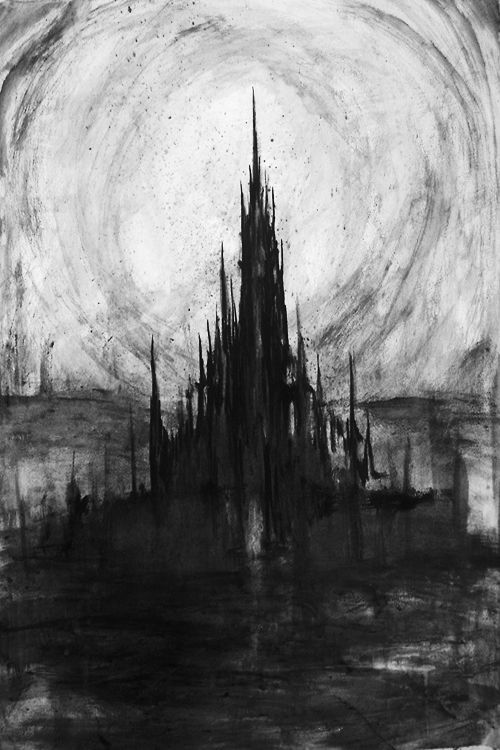Monochrome abstract artwork of a dark, spiky mountain under a swirling sky, conveying a mysterious and haunting atmosphere.