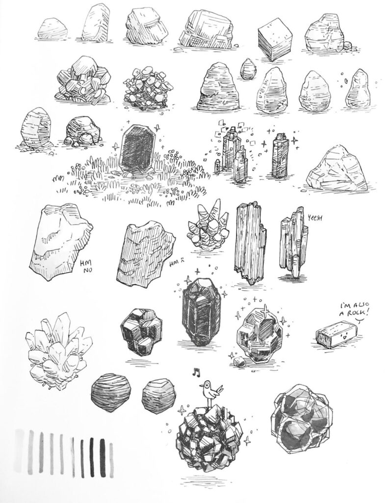 A creative illustration depicting various rock and mineral shapes, each uniquely designed with artistic flair and whimsical notes.