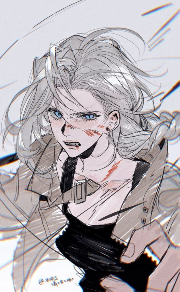 Dynamic anime character sketch with intense expression, wind-swept hair, and vibrant blue eyes.