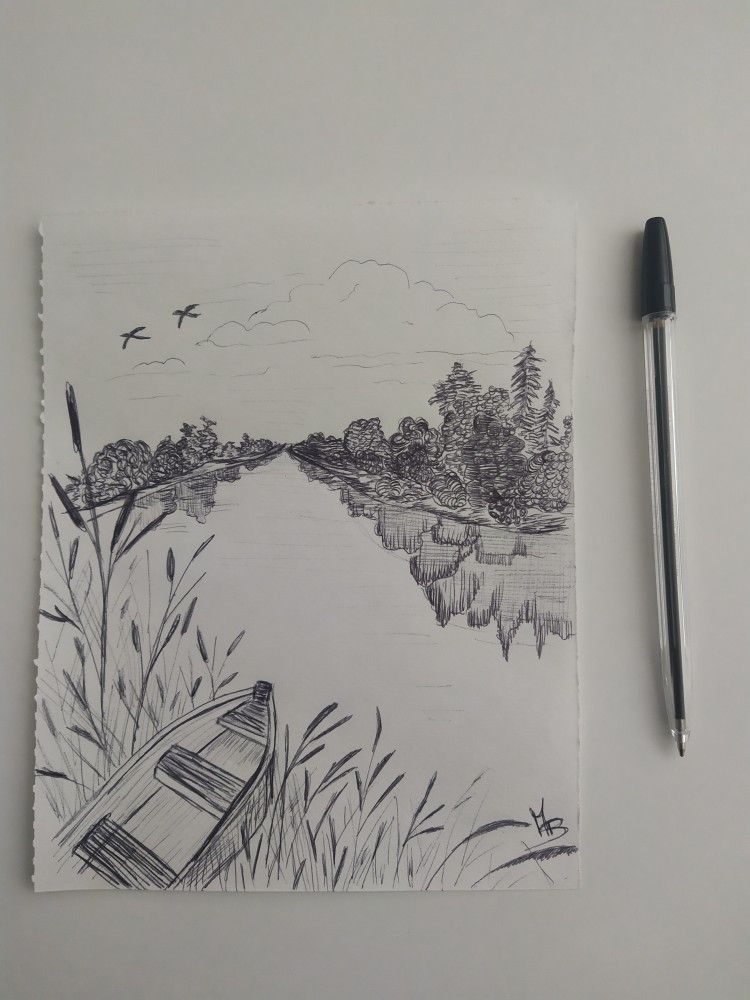 9a75683f2c0ae7f86abb1926dff41f9d Sketch of a serene river landscape with a boat, trees, and birds, drawn with a pen. A real pen is placed beside the artwork. | Sky Rye Design Sketch of a serene river landscape with a boat, trees, and birds, drawn with a pen. A real pen is placed beside the artwork.
