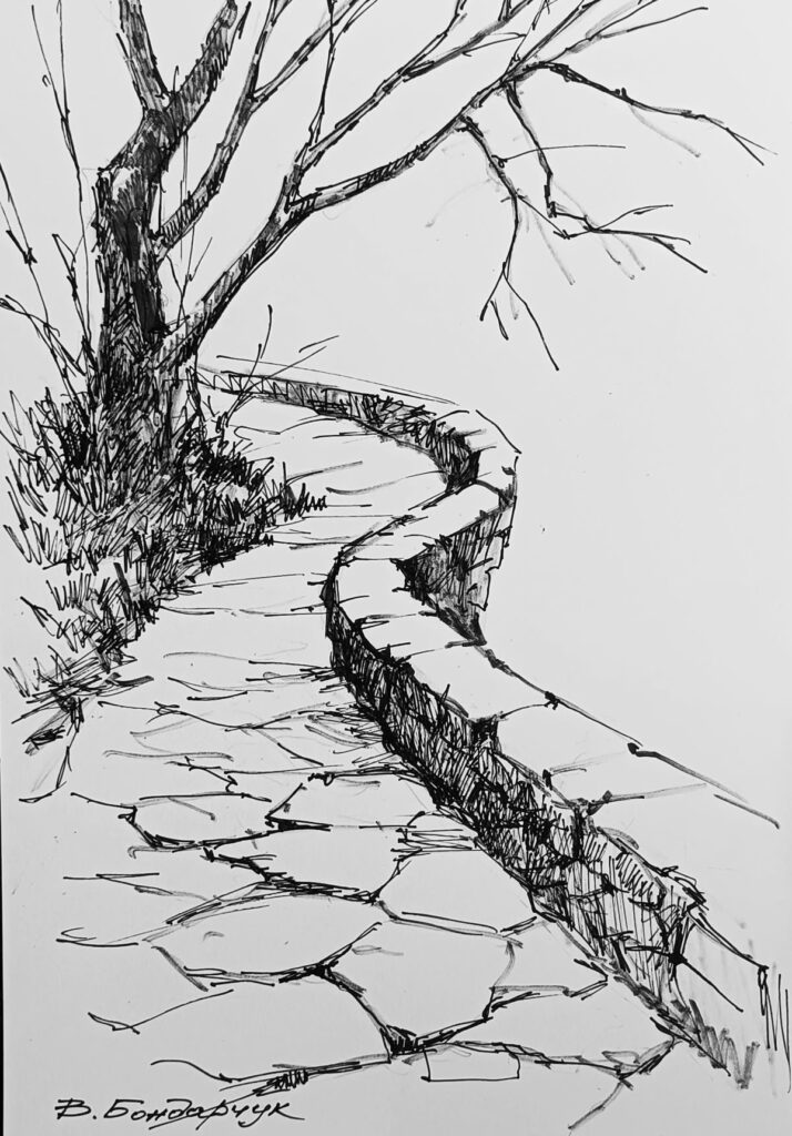 Black and white ink sketch of a winding stone path bordered by a tree with bare branches, creating a serene, artistic scene.
