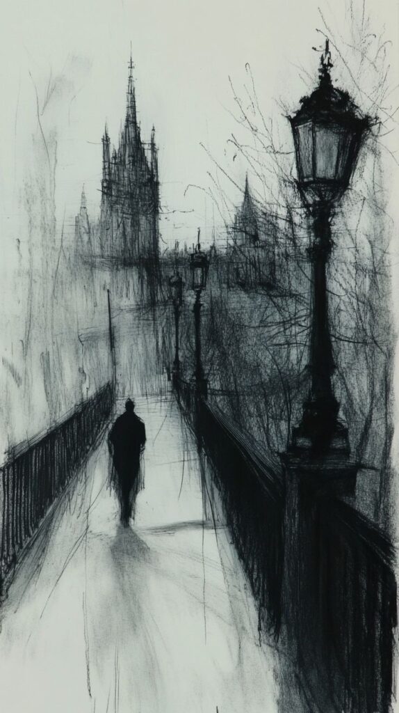 Illustration of a solitary figure walking on a bridge towards a gothic cathedral, surrounded by streetlamps and tree branches.