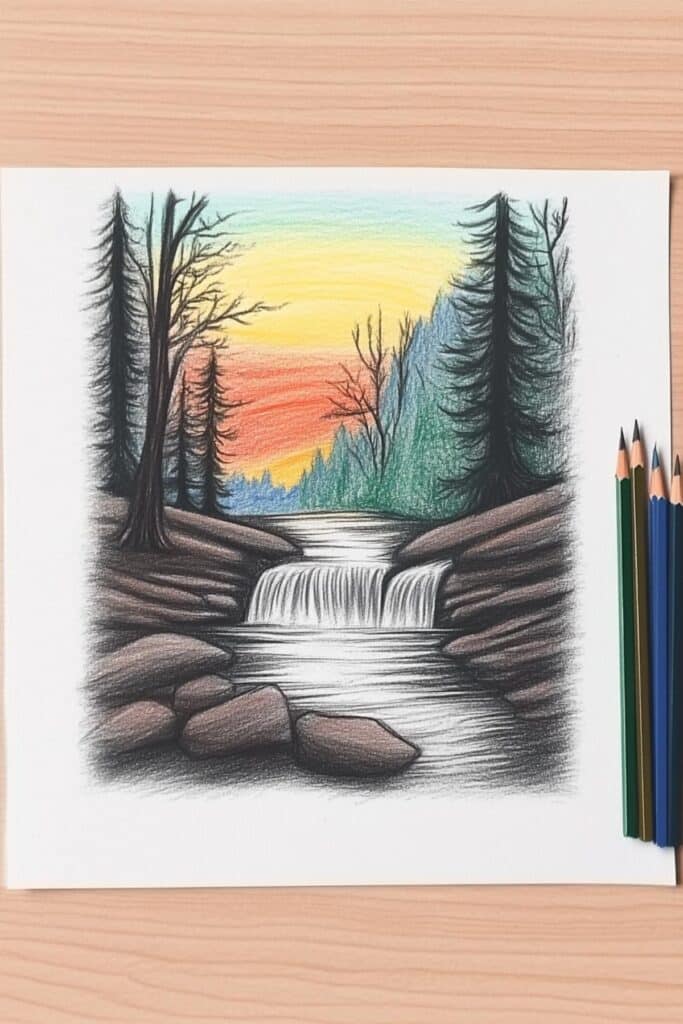 9b8814d6bf4f3929c0c7875fd3a4cc94 Illustration of a serene forest scene with waterfall, colorful sky, bare trees, and colored pencils on a wooden surface. | Sky Rye Design Illustration of a serene forest scene with waterfall, colorful sky, bare trees, and colored pencils on a wooden surface.