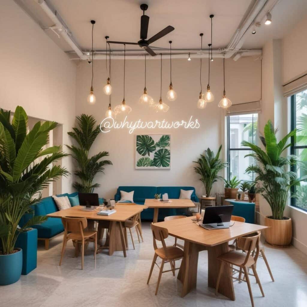 Modern office with wooden furniture, teal accents, lush plants, and pendant lights in a bright, airy space.