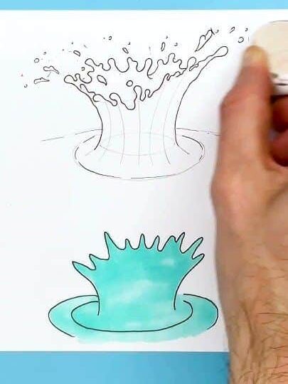 Hand drawing water splash with pencils and markers on white paper; creative art concept.