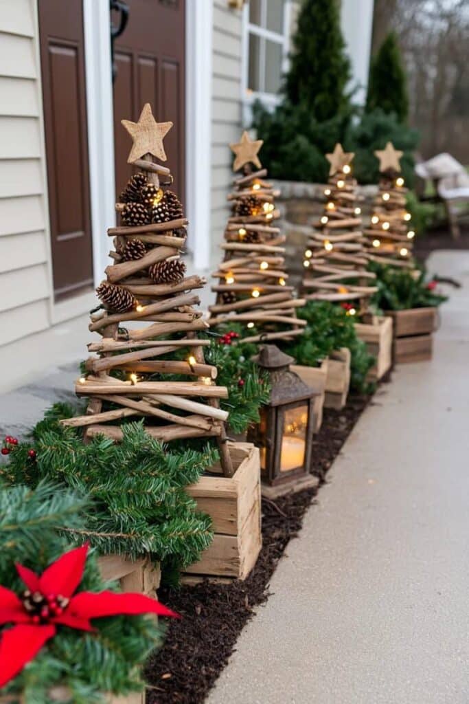 9e2e6a2cb23047d28a8a5cba548798c3 Rustic Christmas decor with wooden trees, pinecones, lights, and a lantern, enhancing a festive outdoor setting with greenery and poinsettias. | Sky Rye Design Rustic Christmas decor with wooden trees, pinecones, lights, and a lantern, enhancing a festive outdoor setting with greenery and poinsettias.
