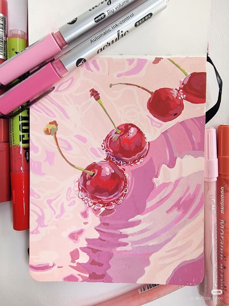 9f848c3e-5331-42f6-a385-3e1f775857f5 Colorful cherry painting surrounded by pink and red markers on a white surface, highlighting art tools and creativity. | Sky Rye Design Colorful cherry painting surrounded by pink and red markers on a white surface, highlighting art tools and creativity.