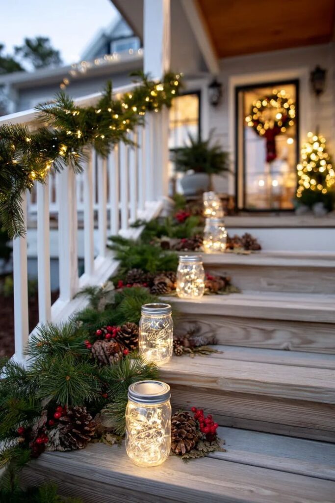 9f8b96987e912651654d40c036e31236 Festive porch with mason jar lights, pine garlands, and holiday decor on steps, creating a warm, inviting Christmas atmosphere. | Sky Rye Design Festive porch with mason jar lights, pine garlands, and holiday decor on steps, creating a warm, inviting Christmas atmosphere.