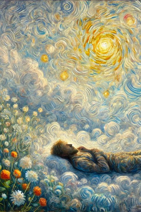 Man lying peacefully in a dreamy, swirling landscape under a vibrant sunlit sky with flowers, inspired by Van Gogh's style.