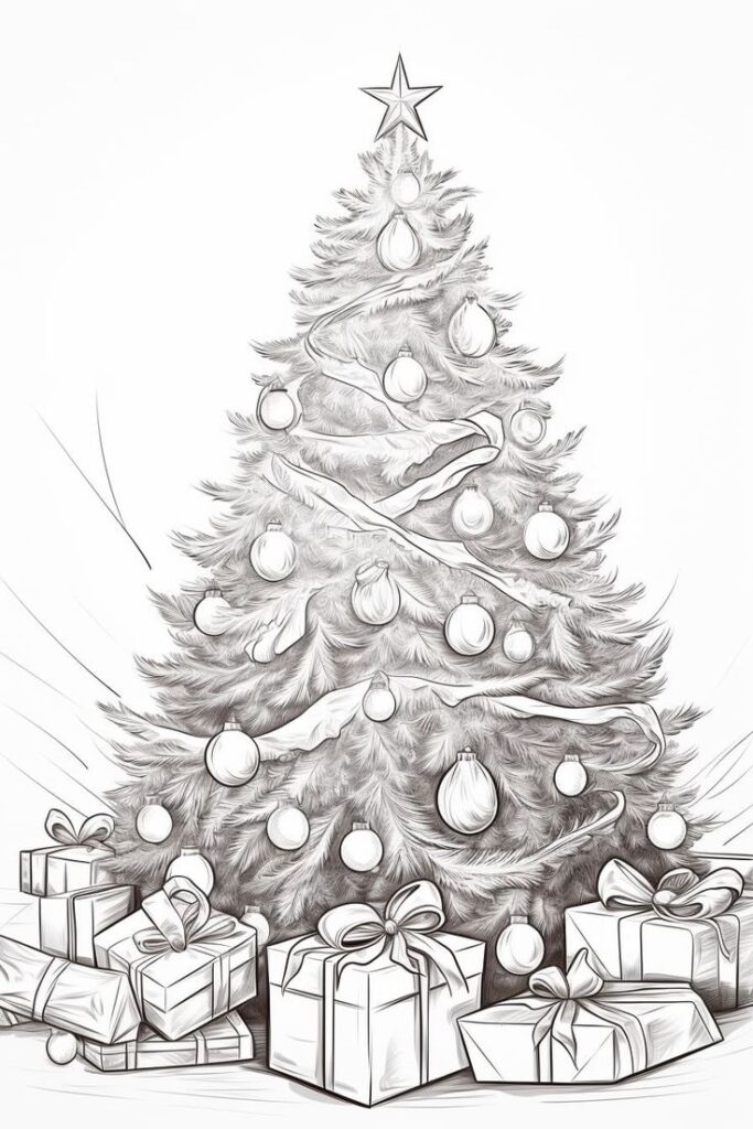Black and white sketch of a decorated Christmas tree with gifts beneath.