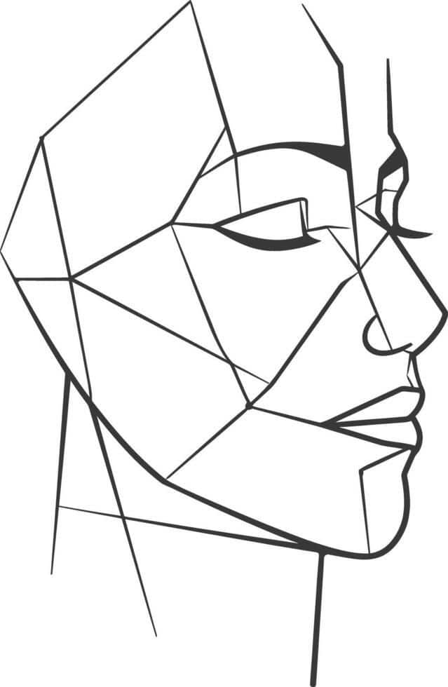 Abstract geometric face illustration, featuring sharp angles and intersecting lines in a minimalist black and white style.