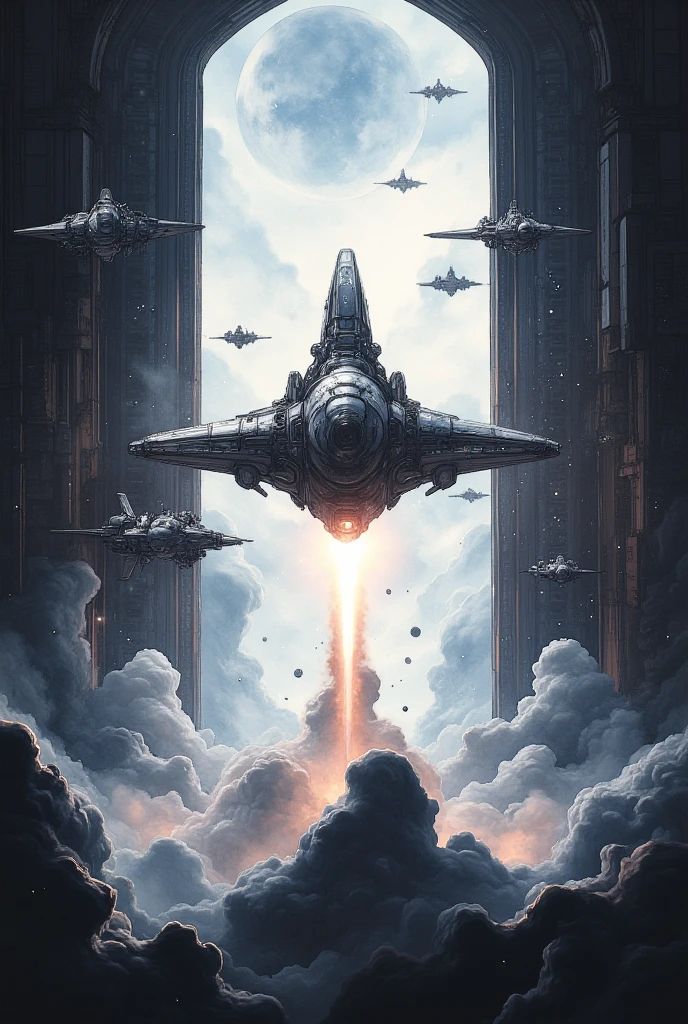 A squadron of starfighters launching from the illuminated catapult of a colossal mothership hangar Futuristic spaceships soar into the sky from a grand archway, moon in the background, amidst billowing clouds and vibrant rocket flames. | Sky Rye Design Futuristic spaceships soar into the sky from a grand archway, moon in the background, amidst billowing clouds and vibrant rocket flames.