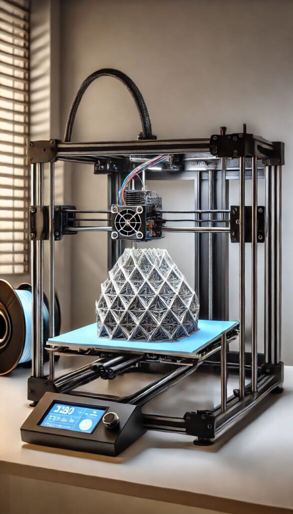 AI 3D Printer 3D printer creating a geometric design with filament spools and control panel, showcasing advanced manufacturing technology. | Sky Rye Design 3D printer creating a geometric design with filament spools and control panel, showcasing advanced manufacturing technology.