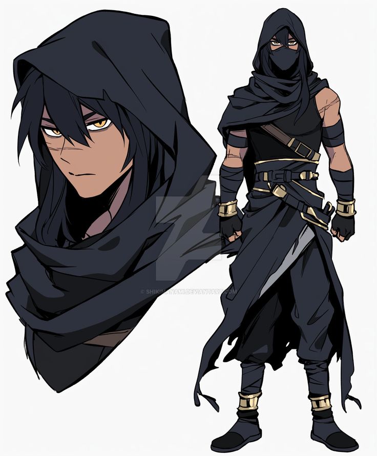 AI BS _Adopt_ Mysterious hooded anime character in black attire with a masked face, showcasing a ninja-like outfit and serious expression. | Sky Rye Design Mysterious hooded anime character in black attire with a masked face, showcasing a ninja-like outfit and serious expression.