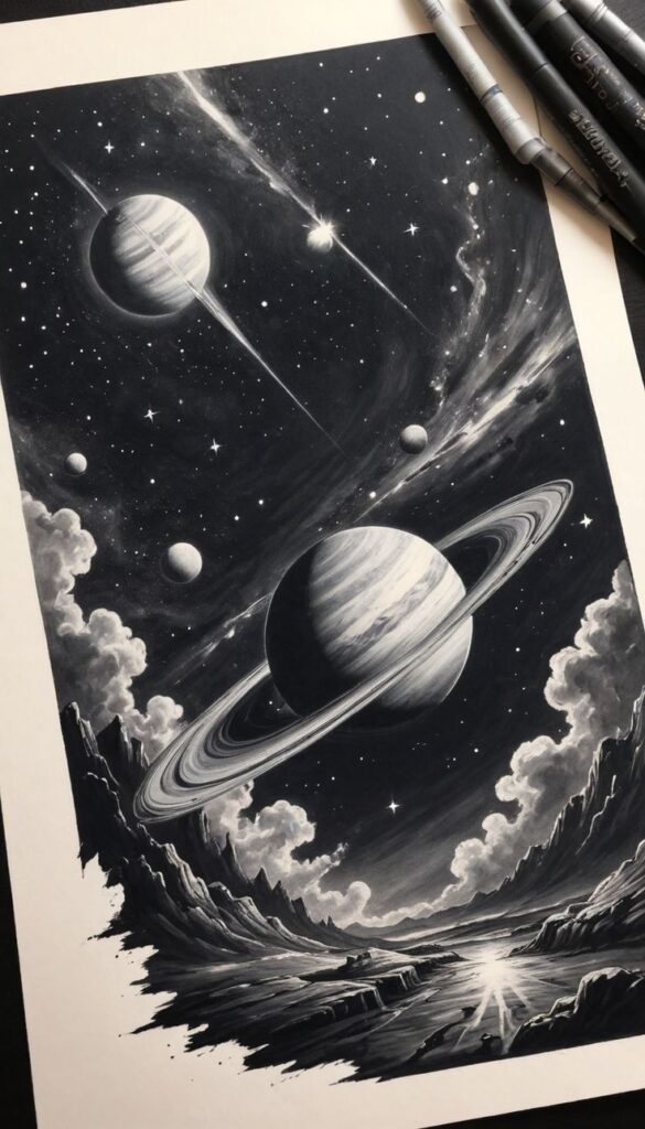 Illustration of a cosmic scene with planets, stars, and a ringed planet over a rocky, alien landscape, created with black and white markers.