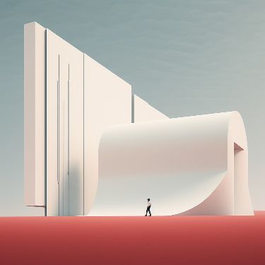 Futuristic building with minimalist design and curved structure, set against a cloudy sky, as a person walks past a red foreground.