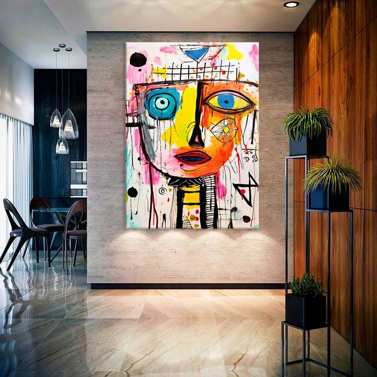 Abstract colorful painting of a face hangs in a modern, stylish living room with wooden accents and indoor plants.