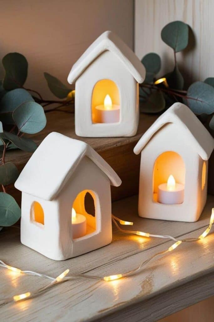 Ceramic house candle holders with glowing LED tealights, surrounded by eucalyptus leaves and string lights on a wooden shelf. Cozy decor.