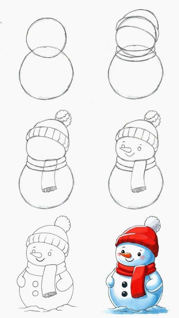 Step-by-step snowman drawing tutorial in six stages, from basic shapes to a fully colored snowman.