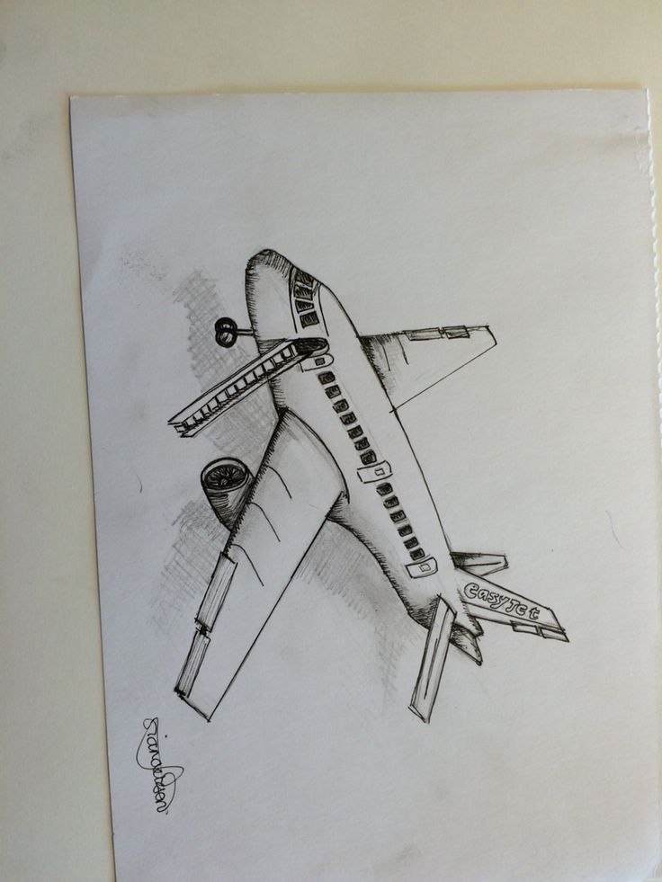 Hand-drawn sketch of an airplane titled EasyJet, viewed from above, showcasing detailed wings and engines on a white background. drawing airplanes