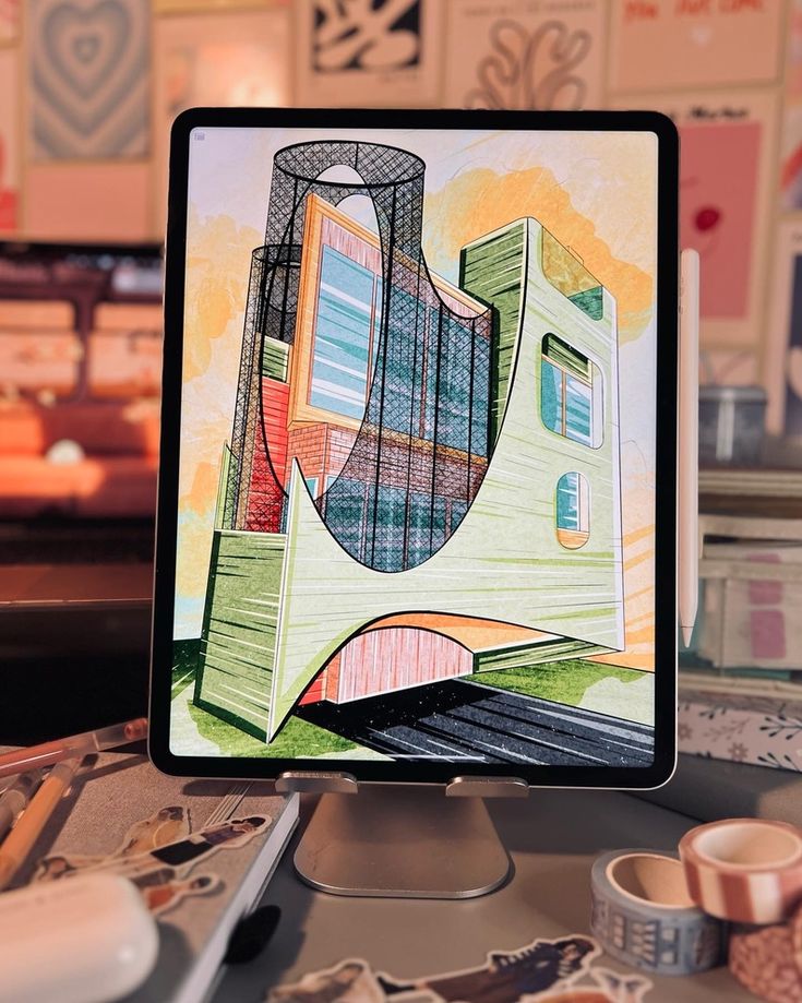 Aesthetic Modern House Drawing on iPad Pro Digital architectural illustration displayed on a tablet in a creative workspace. | Sky Rye Design Digital architectural illustration displayed on a tablet in a creative workspace.