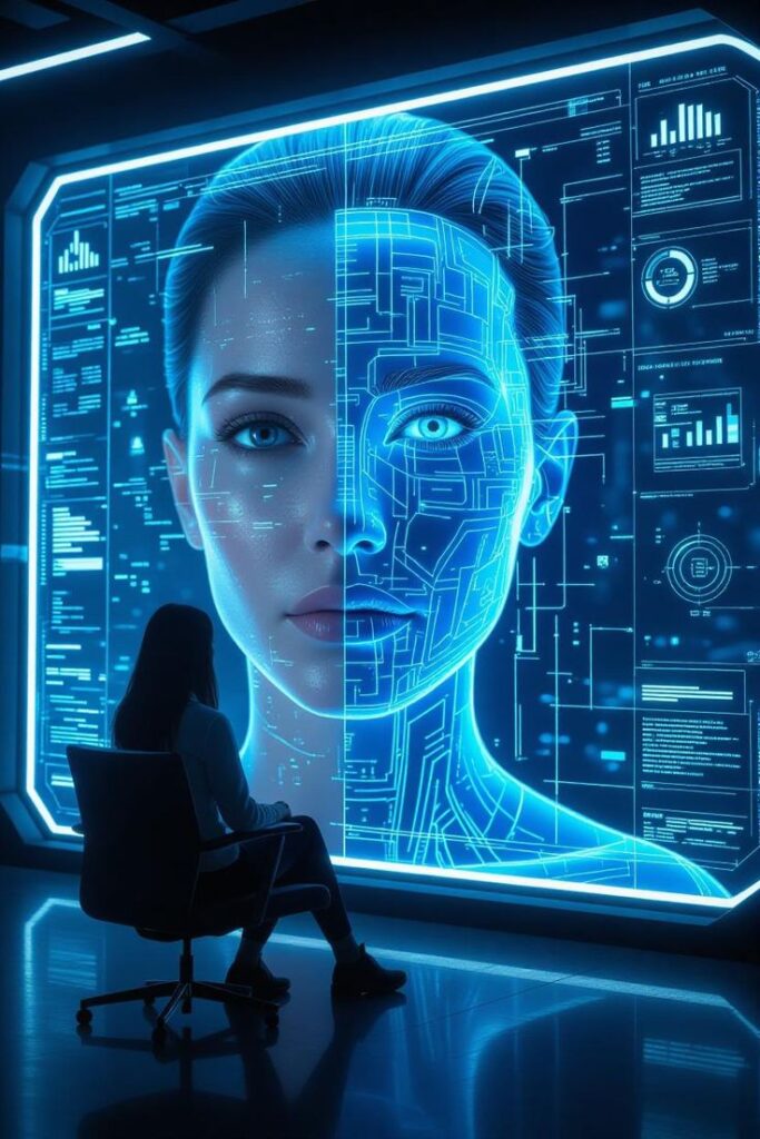 Futuristic interface showing a woman's face with digital data, examined by a person, highlighting AI and technology integration.
