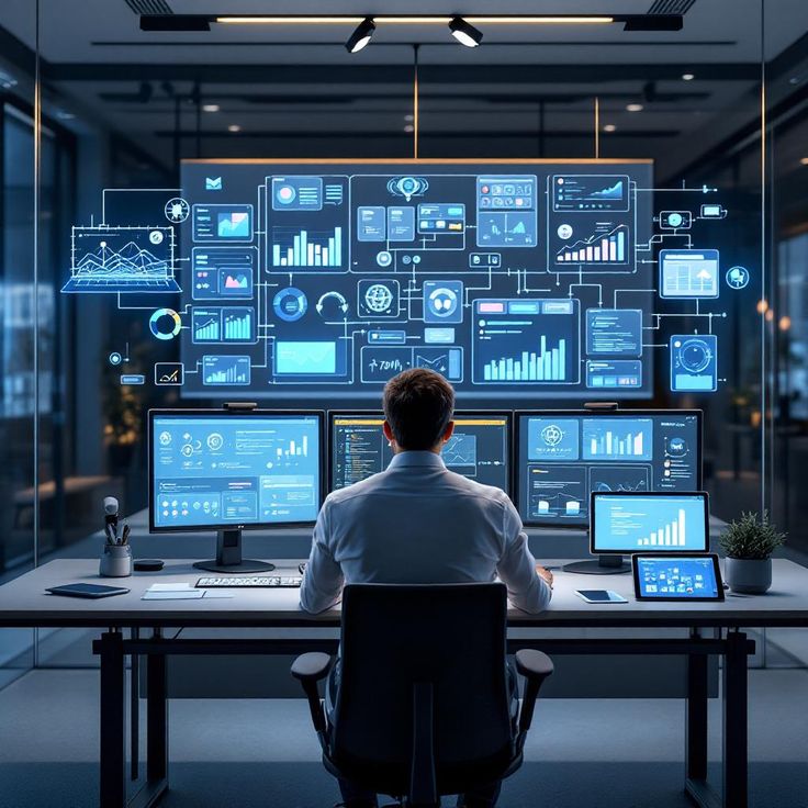 Man analyzing data on multiple screens in futuristic office, displaying graphs and statistics for business insights and decision-making.