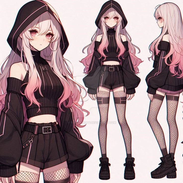 Ai outfit_oc to steal - from deviantart Anime character with long pink hair in a stylish black outfit with a hood, featuring fishnet stockings and boots, shown in three poses. | Sky Rye Design Anime character with long pink hair in a stylish black outfit with a hood, featuring fishnet stockings and boots, shown in three poses.
