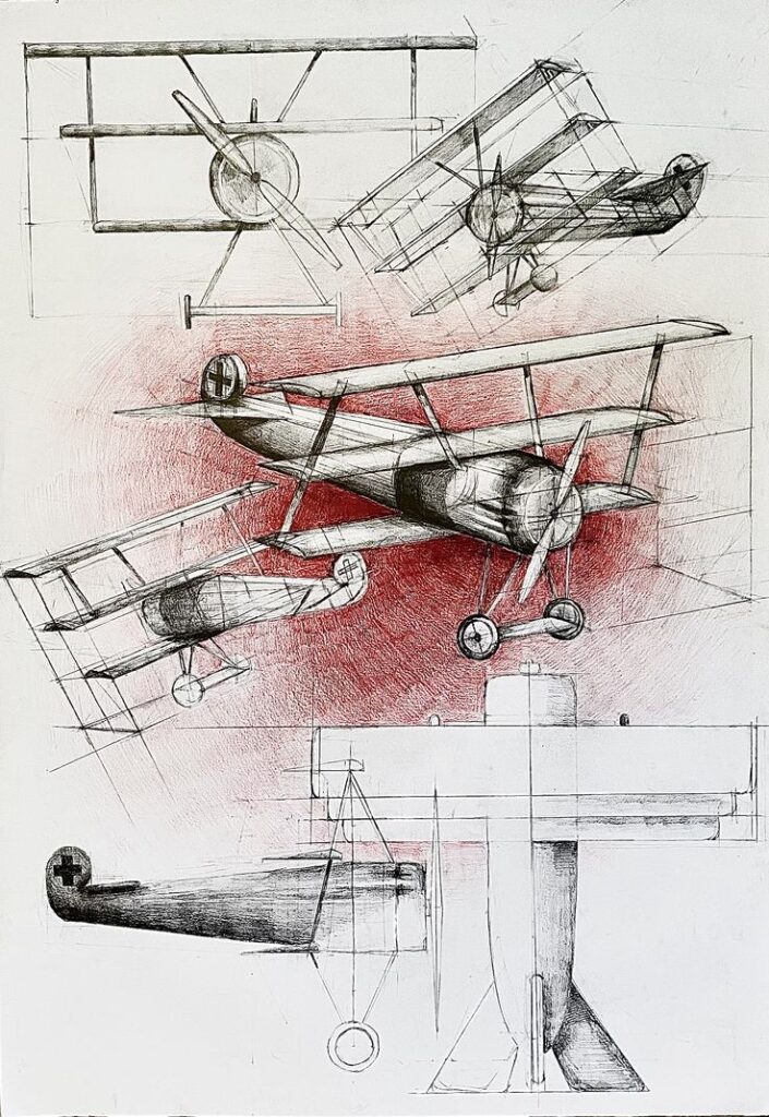 Illustration of vintage biplanes with technical sketches and red accents, highlighting aviation design and engineering details.
