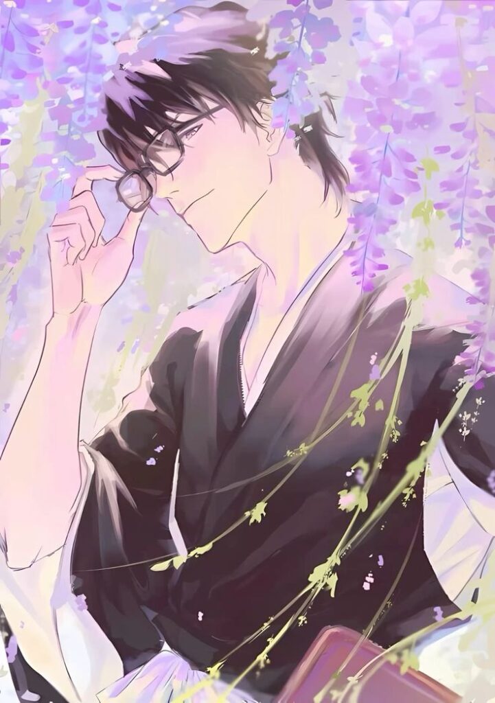 Aizen Sousuke Anime character with glasses amidst purple wisteria blooms, wearing a black kimono, serene expression in a tranquil setting. | Sky Rye Design Anime character with glasses amidst purple wisteria blooms, wearing a black kimono, serene expression in a tranquil setting.