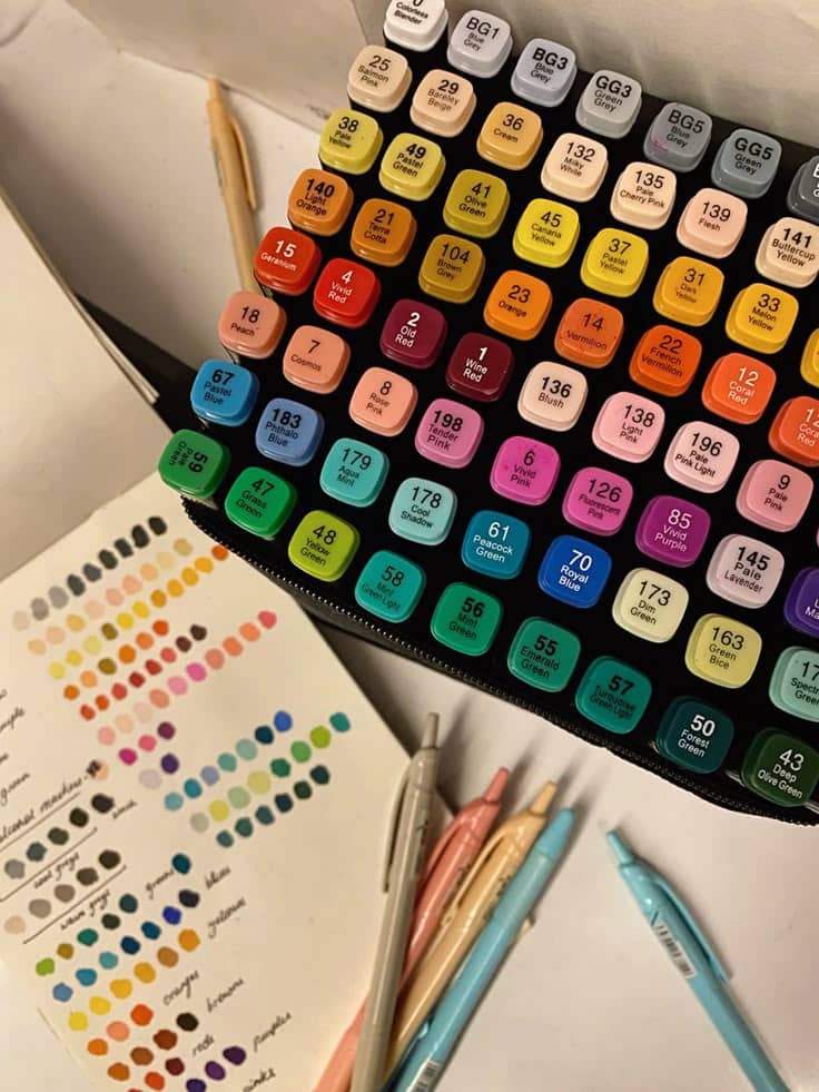 Alcohol Markers swatches for blending🎨 Colorful marker set with shade samples on paper, showcasing diverse hues for creative projects and detailed artwork. | Sky Rye Design Colorful marker set with shade samples on paper, showcasing diverse hues for creative projects and detailed artwork.