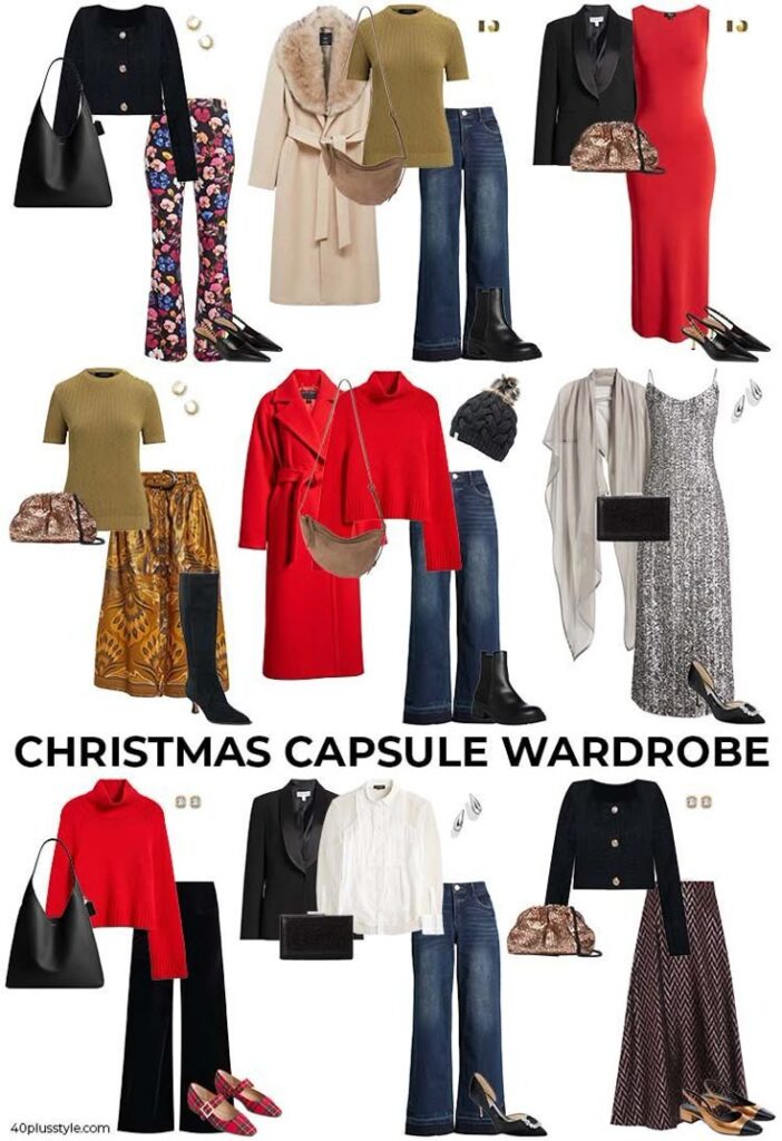All outfits for Xmas you need this Christmas _ 40+style Christmas capsule wardrobe ideas featuring versatile outfits in festive colors and patterns. | Sky Rye Design Christmas capsule wardrobe ideas featuring versatile outfits in festive colors and patterns.