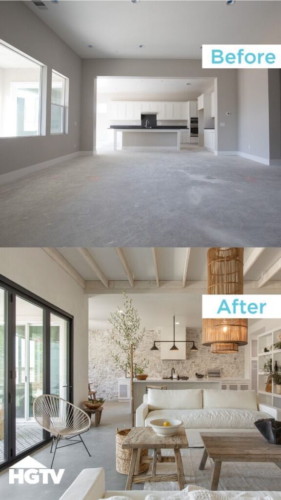 Before and after living room renovation showcasing a modern, stylish transformation with natural light and decor.