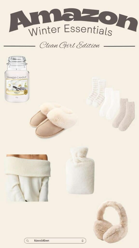 BuyiCloset - 3 Amazon winter essentials: vanilla candle, cozy slippers, fuzzy socks, cream sweater, hot water bottle, and earmuffs for a cozy season. | Sky Rye Design Amazon winter essentials: vanilla candle, cozy slippers, fuzzy socks, cream sweater, hot water bottle, and earmuffs for a cozy season.