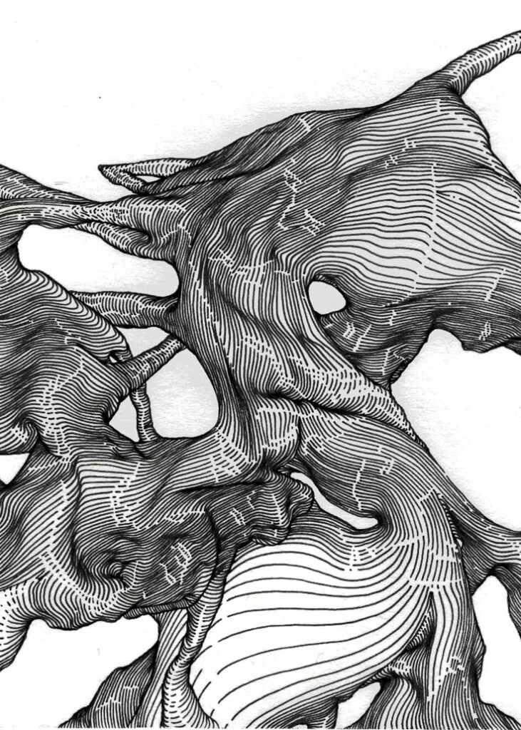 Abstract black and white geometric pattern, featuring intricate, swirling line textures and organic shapes.