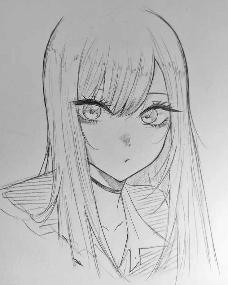 Anime-style sketch of a girl with long hair and large expressive eyes, showing detailed pencil shading.