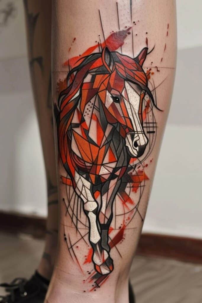 Appreciating the Beauty of Geometric Animal Tattoo Designs Geometric horse tattoo design on calf with bold red, black, and orange accents. | Sky Rye Design Geometric horse tattoo design on calf with bold red, black, and orange accents.
