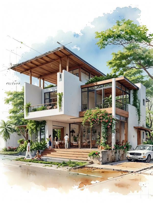 Architectural Rendering 5 Modern tropical house with lush greenery, large windows, and wooden accents, featuring a sleek car in front. | Sky Rye Design Modern tropical house with lush greenery, large windows, and wooden accents, featuring a sleek car in front.