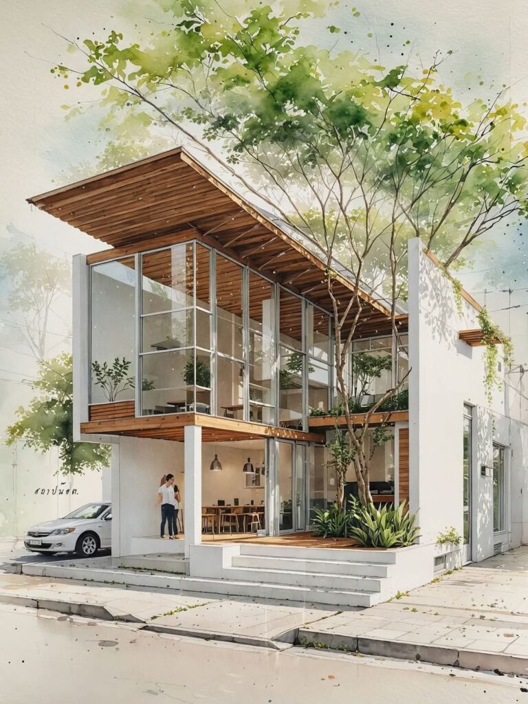 Architectural Rendering 6 Modern glass house with trees, featuring a stylish exterior and natural surroundings for sustainable living. | Sky Rye Design Modern glass house with trees, featuring a stylish exterior and natural surroundings for sustainable living.