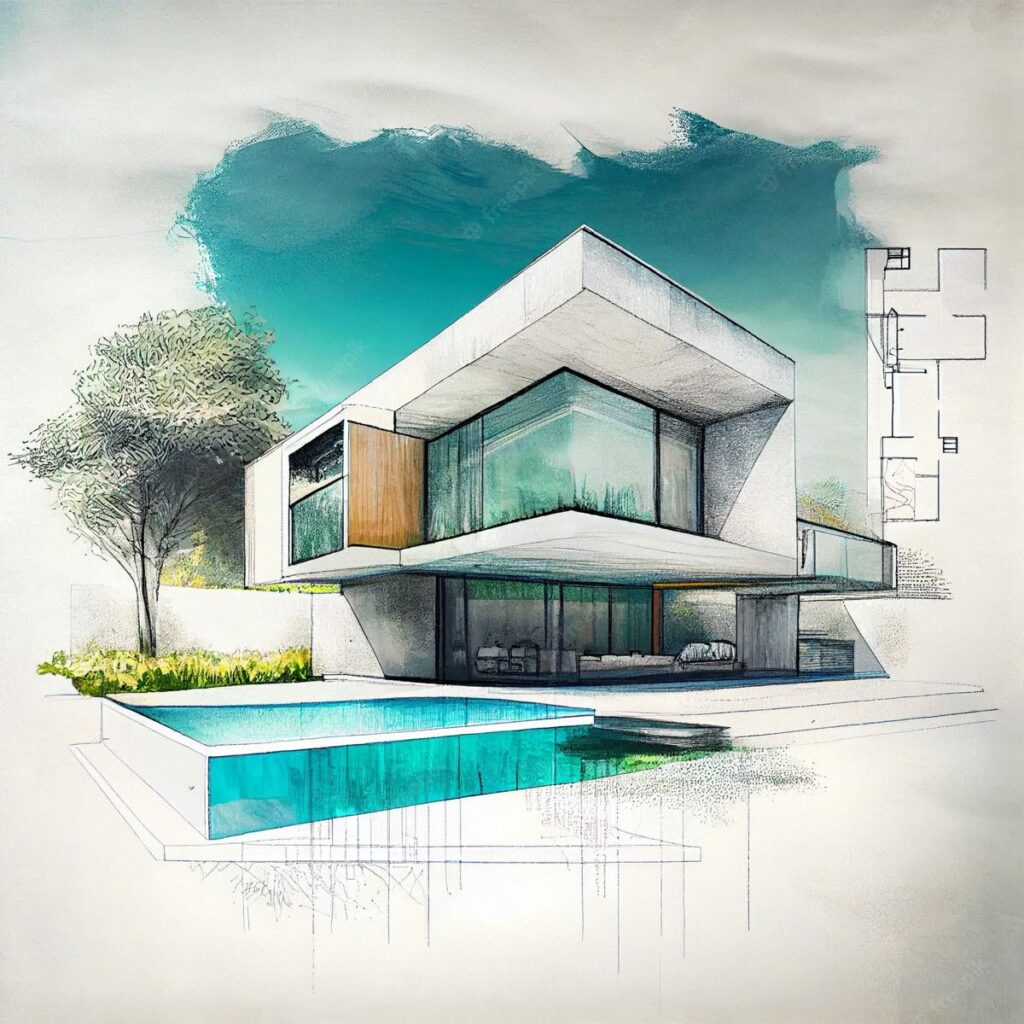 Architectural Rendering 7 Modern architectural sketch of a luxury house with glass walls, pool, and greenery under a blue sky. | Sky Rye Design Modern architectural sketch of a luxury house with glass walls, pool, and greenery under a blue sky.