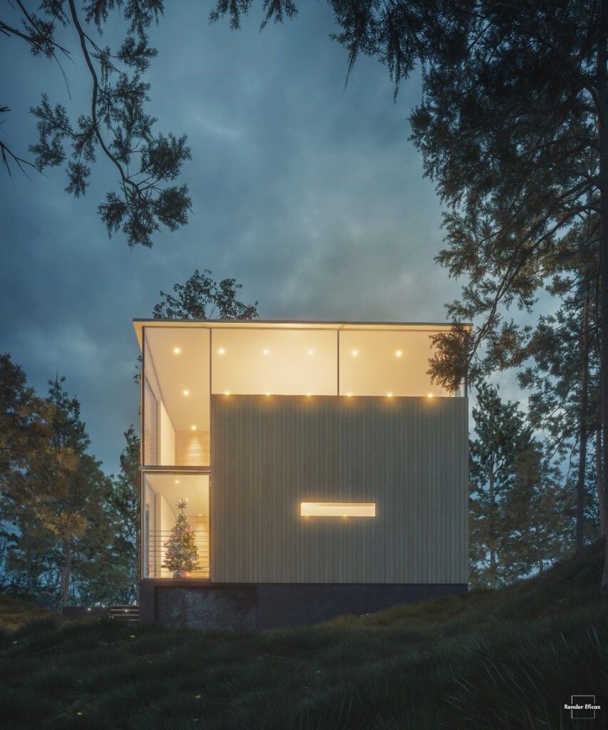 Architectural Rendering 9 Modern house at dusk surrounded by trees, warm interior lights glowing, and a visible Christmas tree inside. | Sky Rye Design Modern house at dusk surrounded by trees, warm interior lights glowing, and a visible Christmas tree inside.
