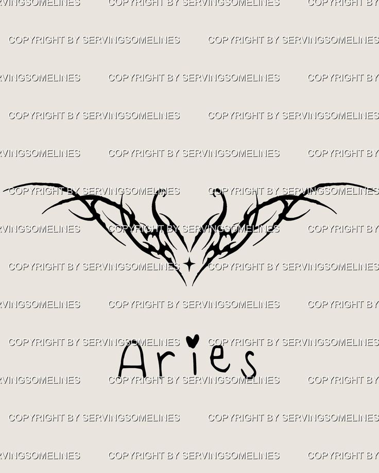 Aries tattoo design featuring intricate tribal-style ram horns and the word Aries with a heart accent, on a soft gray background.